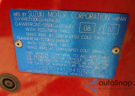 2008 Suzuki Grand Vitara из США, поврежденный, VIN JS3TD941284101202